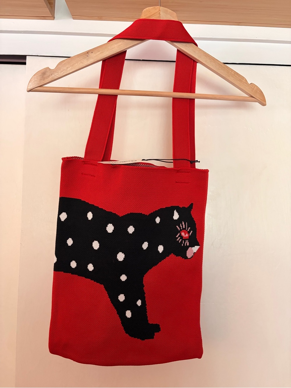 NWT Red Canvas Tote Bag with Black Polka-Dot Panther